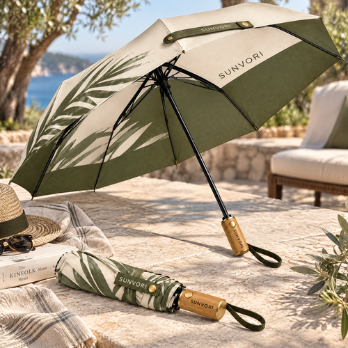 Sunvori Folding Umbrella – Palm Leaf Print | Wood Handle