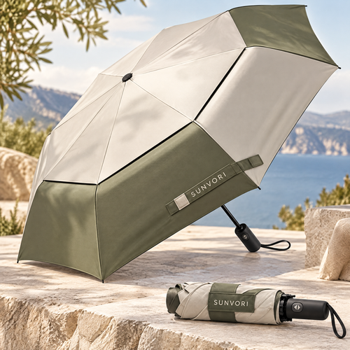 Sunvori Folding Umbrella – Ivory & Olive Colorblock