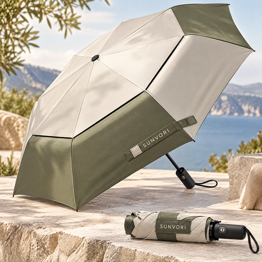 Sunvori Folding Umbrella – Ivory & Olive Colorblock