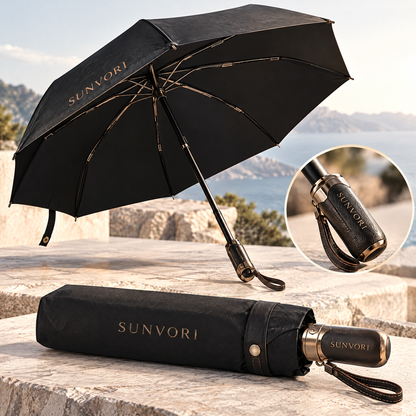 Sunvori Premium Folding Umbrella – Black Leather Edition