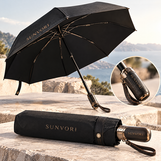 Sunvori Premium Folding Umbrella – Black Leather Edition