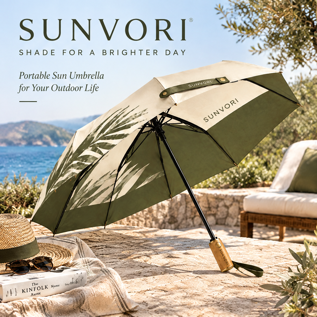 Sunvori Folding Umbrella – Palm Leaf Print | Wood Handle