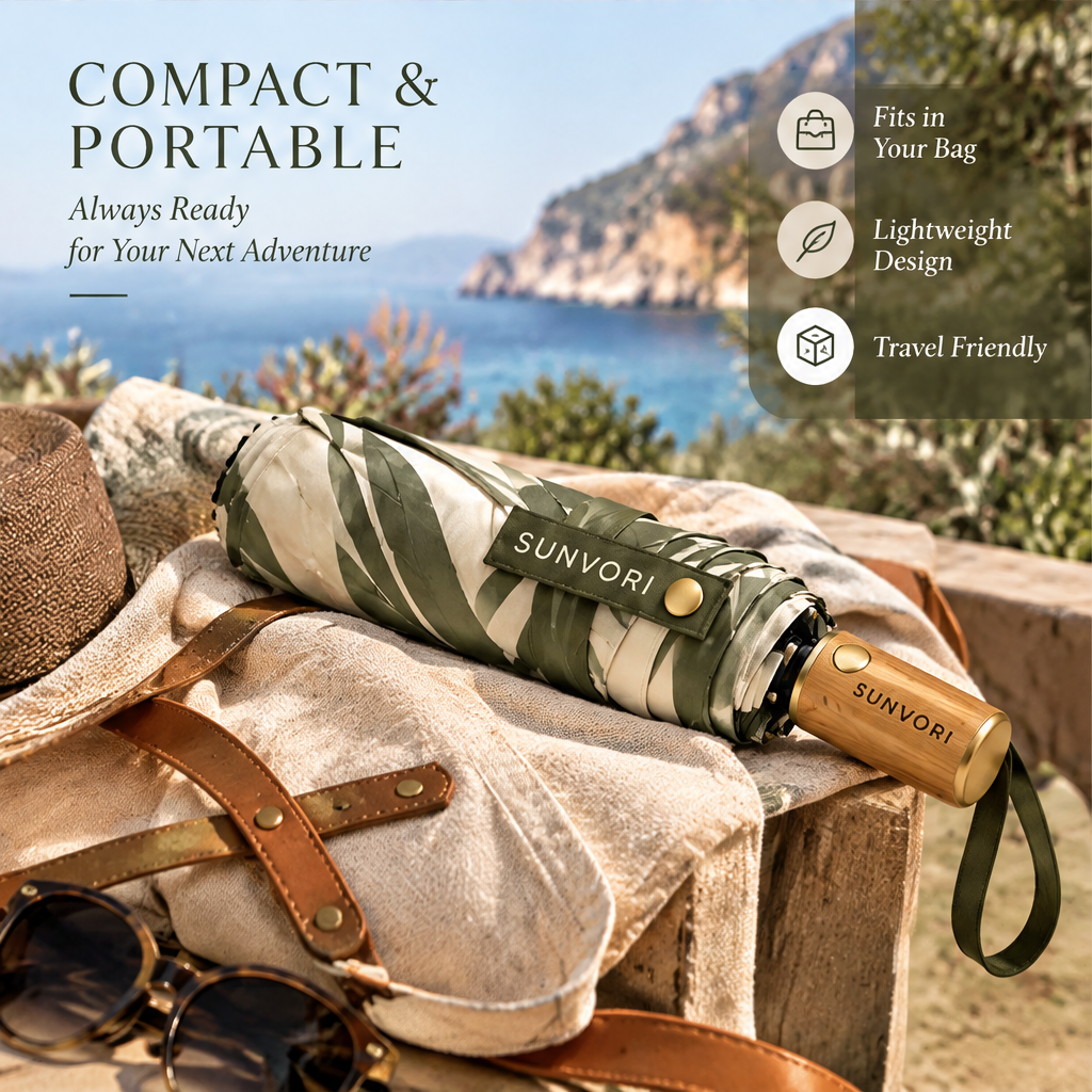 Sunvori Folding Umbrella – Palm Leaf Print | Wood Handle