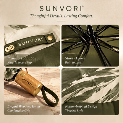 Sunvori Folding Umbrella – Palm Leaf Print | Wood Handle