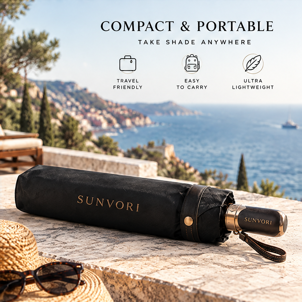 Sunvori Premium Folding Umbrella – Black Leather Edition